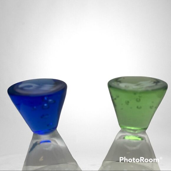 Shot Glasses Pedestal Style Green and Cobalt Blue Glass Set of 2 - Picture 3 of 9